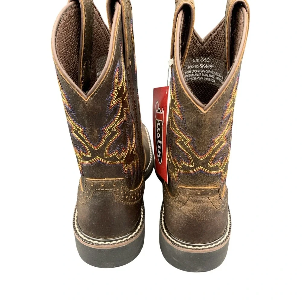 Justin Western‎ Boots Kids Brown Leather Cowboy J-Flex Comfort 3.5 D SK4681